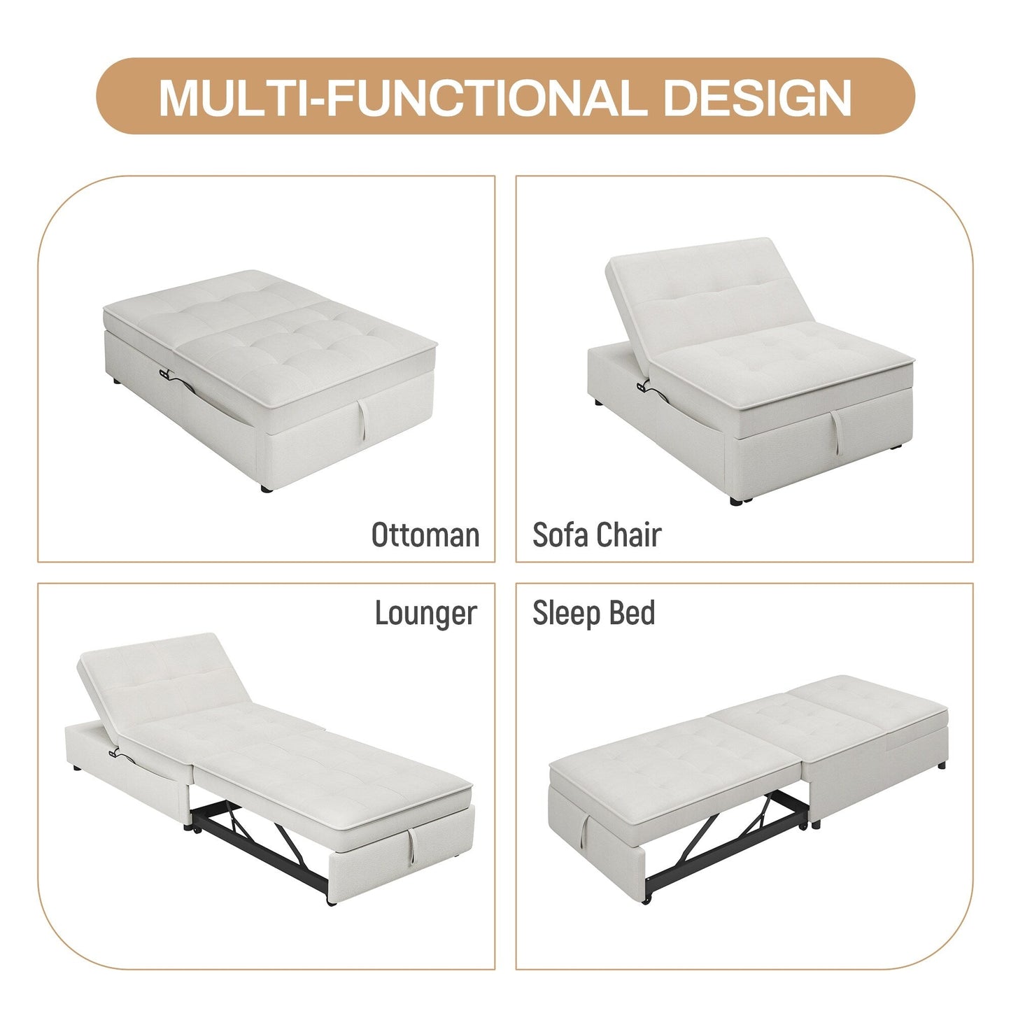White Linen Ottoman Sofa Bed with Storage Pocket and USB Port