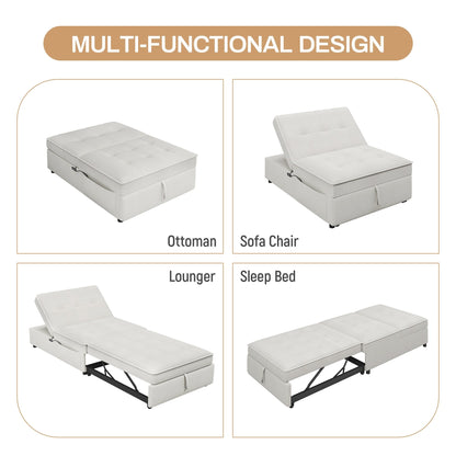 White Linen Ottoman Sofa Bed with Storage Pocket and USB Port