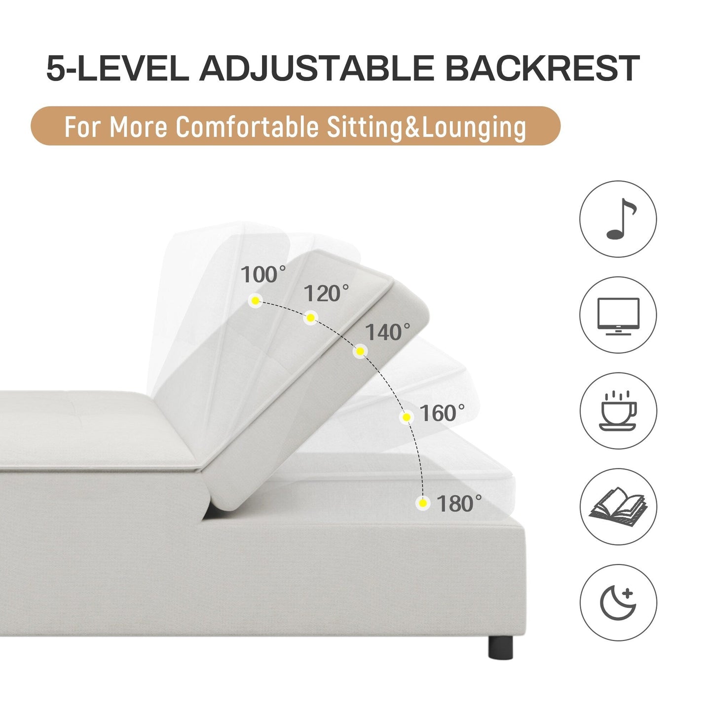 White Linen Ottoman Sofa Bed with Storage Pocket and USB Port