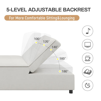 White Linen Ottoman Sofa Bed with Storage Pocket and USB Port