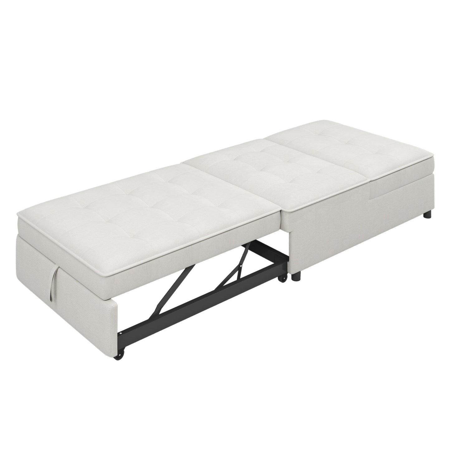 White Linen Ottoman Sofa Bed with Storage Pocket and USB Port