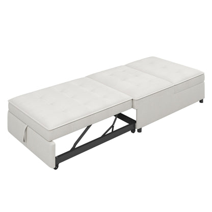 White Linen Ottoman Sofa Bed with Storage Pocket and USB Port