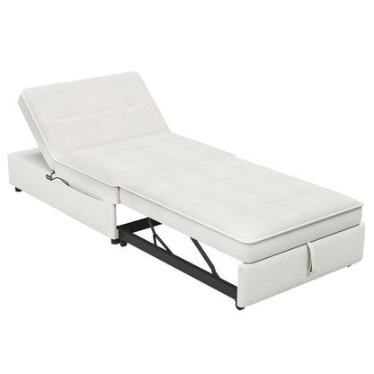White Linen Ottoman Sofa Bed with Storage Pocket and USB Port