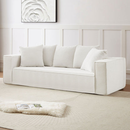 White Modern 88.97 Corduroy Upholstered 3-seater Floor Sofa with 5 Matching Toss Pillows for Living Room