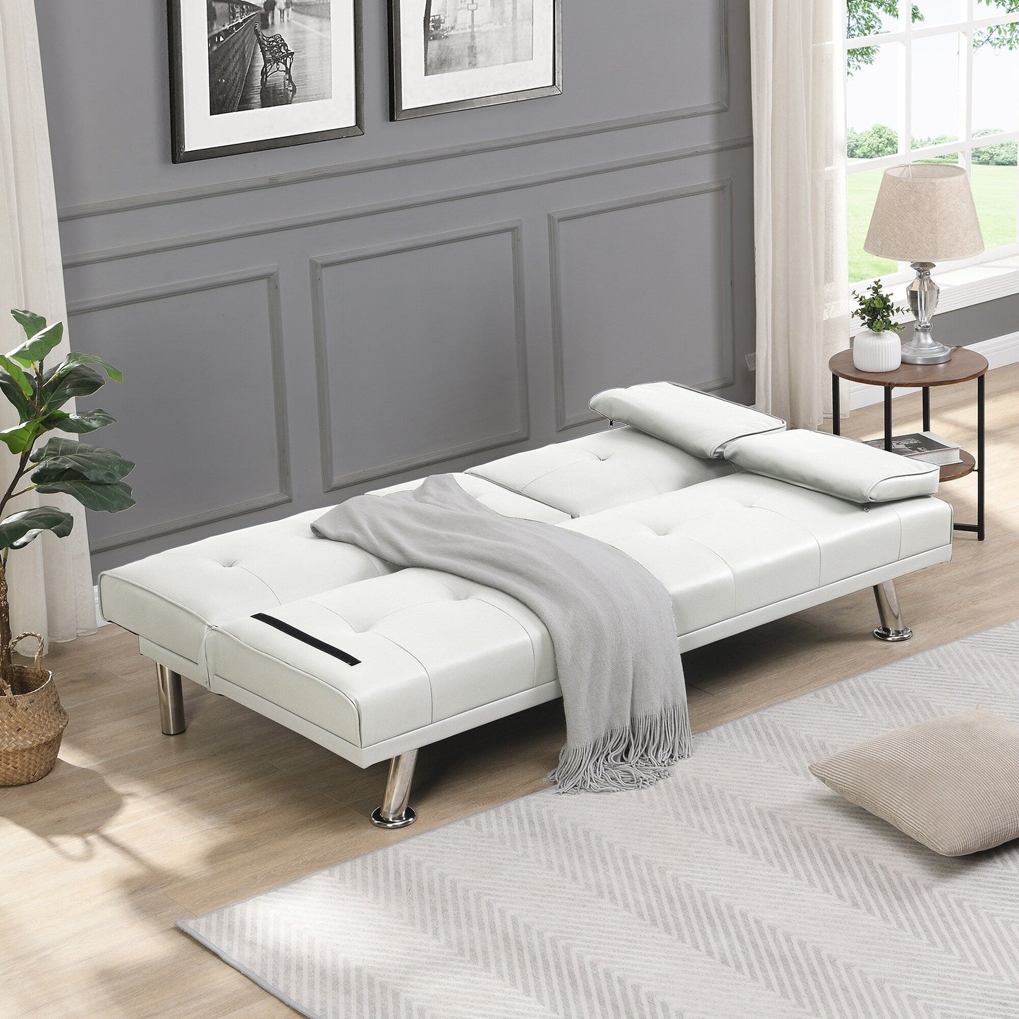 White PVC Loveseat Sofa Bed with Wood Frame