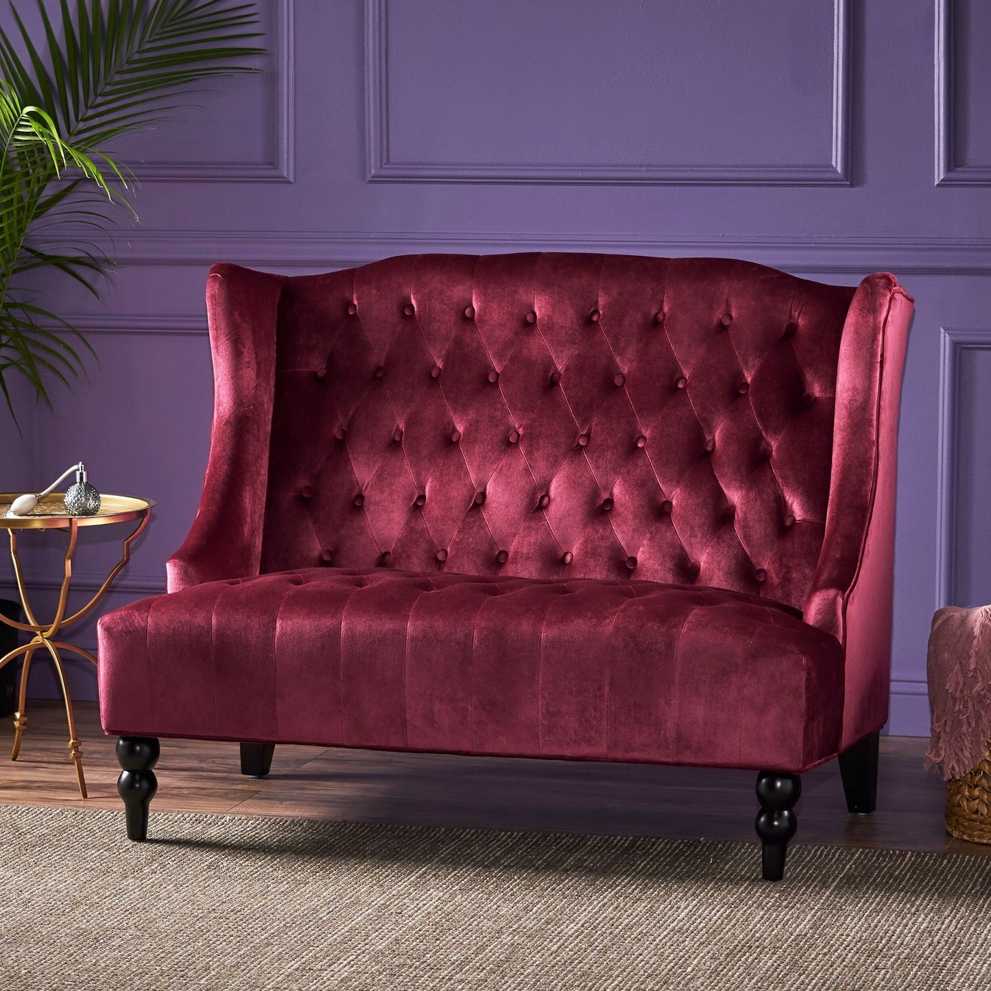 Wine Red 50.25 Velvet Button Tufted High Wingback Loveseat Sofa with Wood Legs for Living Room