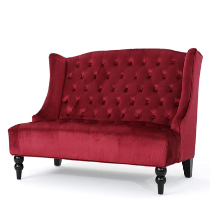 Wine Red 50.25 Velvet Button Tufted High Wingback Loveseat Sofa with Wood Legs for Living Room