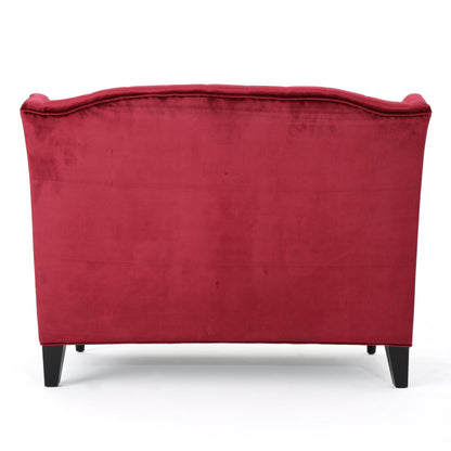 Wine Red 50.25 Velvet Button Tufted High Wingback Loveseat Sofa with Wood Legs for Living Room