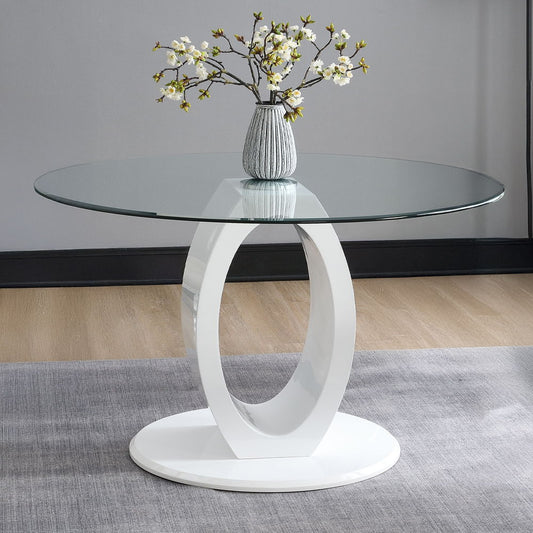 Larry - Table à manger ronde avec plateau en verre - Blanc brillant