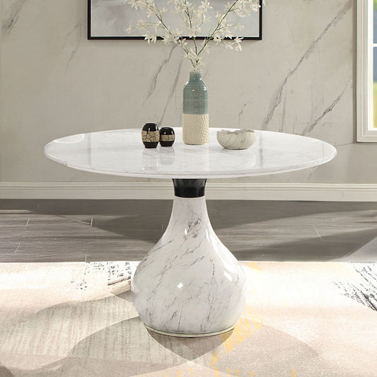 Koen - Table à manger ronde, plateau en marbre technique - Blanc et noir