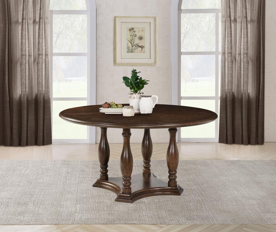 Landon - Table à manger ronde sur pied en bois - Brun riche
